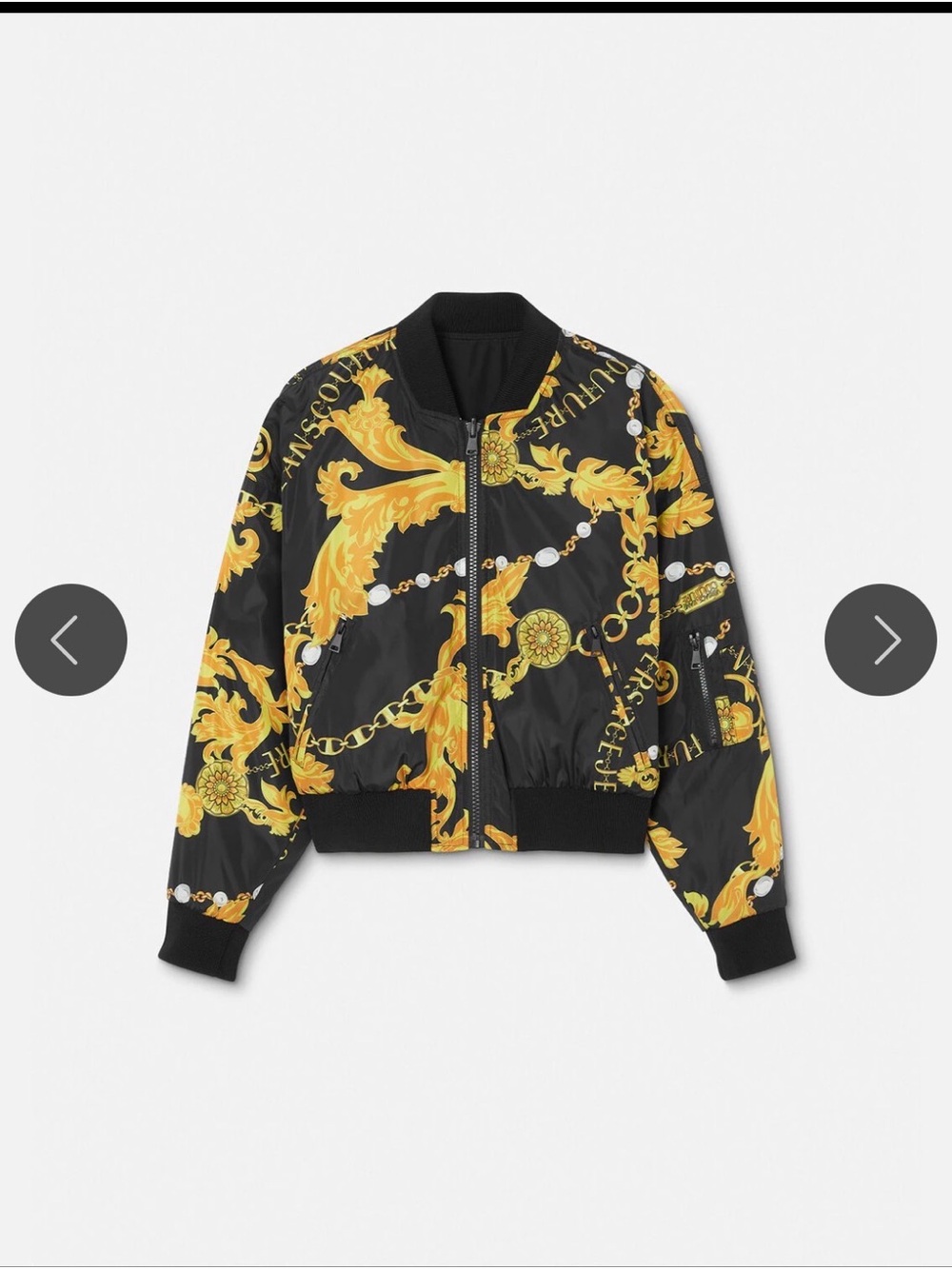 Versace NWOT Riversible Black Bomber Jacket with Gold Baroque Print